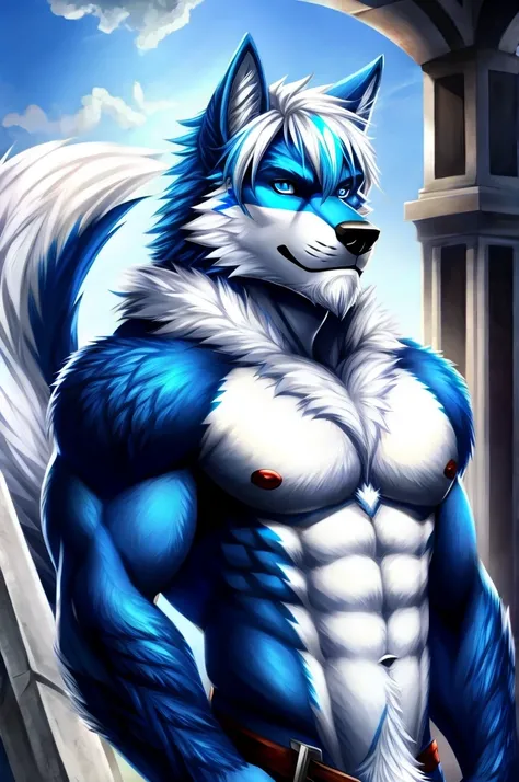 Wolf man, with white fur, white hair with blue highlights, blue colored eyes, with a white tail and blue half 