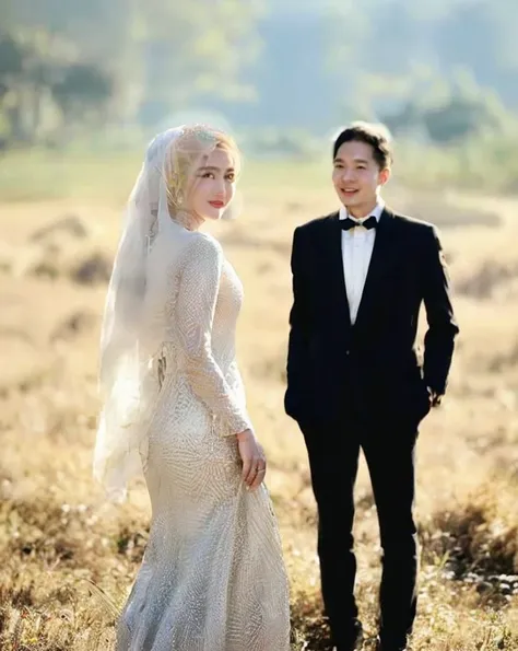 a man and woman in a tuxedo standing in a field, bride and groom, lovely couple, wedding photo, happy couple, luxurious wedding,...