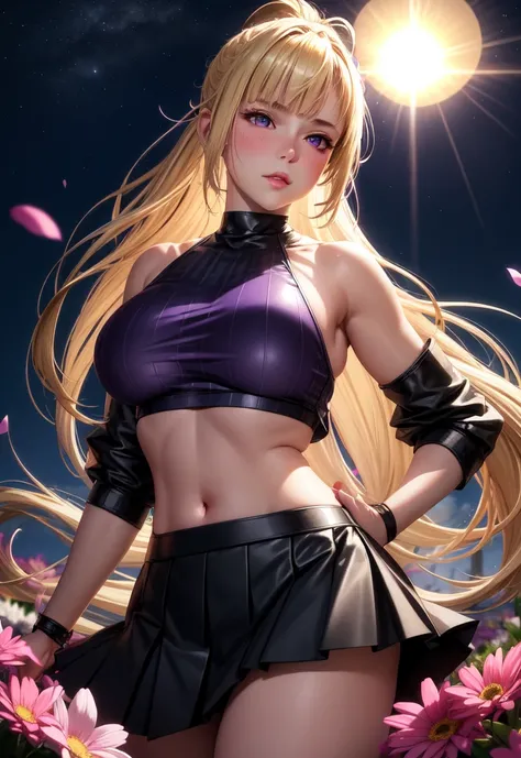 Realistic, One girl, Blonde, ponytail,Purple eyes, Glowing Eyes, Crop top, skirt, Lips parted, blush, night, Flowers, sun, sunlight,avec des seins plus gros et visible devant et des habits sans manches épaules et une poitrine plus grosse 