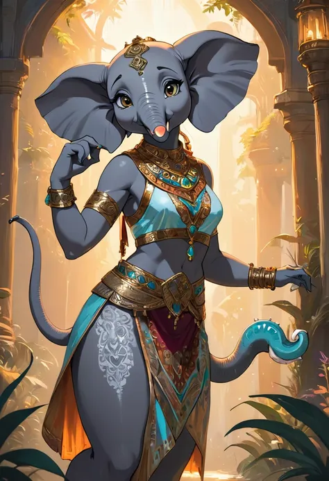 create an illustrated, hand-drawn, full-color image of an anthropomorphic elephant woman. the artwork should be rendered in the ...