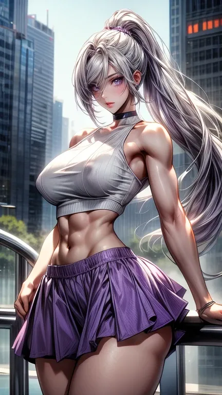 masterpiece, best quality, ultra-detailed),(1 mature girl), whitish purple eyes, very long whitish purple hair in a ponytail style, pale skinned, dynamic angle, dynamic pose, hard toned abs, standing, natural lighting, floating, (colored top:1.3|white tank...