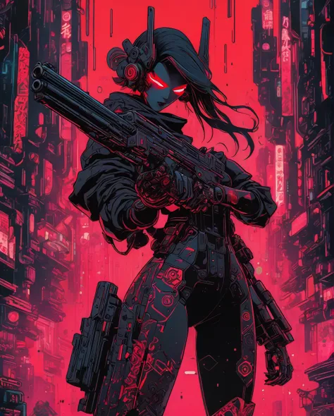 an illustration of a woman
holding a gun, in the style of
cyberpunk manga, masks and
totems, light black and red,
neon color pal...