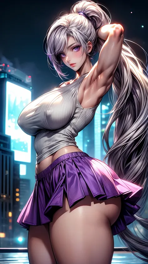 masterpiece, best quality, ultra-detailed),(1 mature girl), whitish purple eyes, very long whitish purple hair in a ponytail style, pale skinned, dynamic angle, dynamic pose, hard toned abs, standing, natural lighting, floating, (colored top:1.3|white tank...