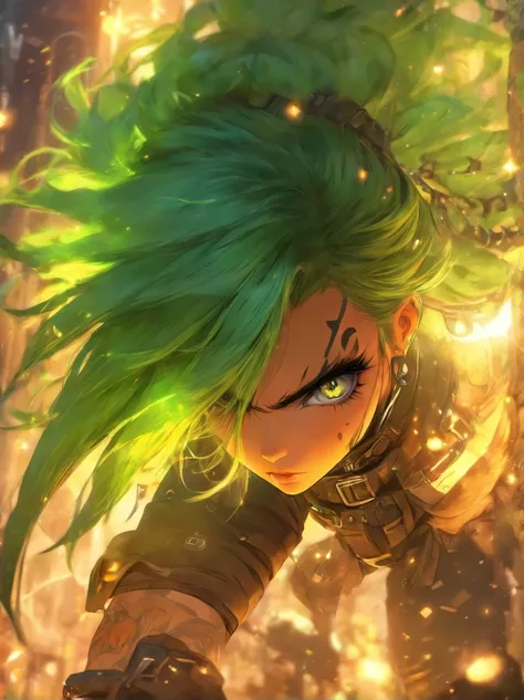 charlie bowater most beautiful post apocalyptic garoto pucka anime, green hair, espada katana, koreana highly detailed steampunk tactical gear, tons of tattoos and piercings, metal fragments blowing in the wind, post apocalyptic wasteland, highly detailed ...