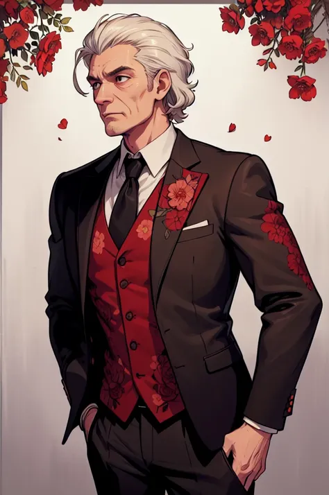 Cinematic photo, wide angle, of a handsom old man, tall and fit, 40 years old, short curly white hair. (((dark brown velvet suit))), ((the jacket has red flower patterns:1.2)). Minimalistic background, clean composition, strong details, Muted Colours, Hass...