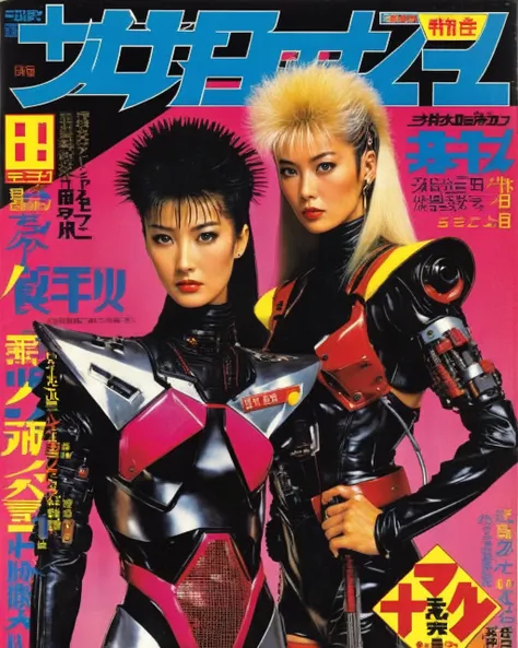 japanese magazine cover 80s, cyberpunk, retro_magazine. no background