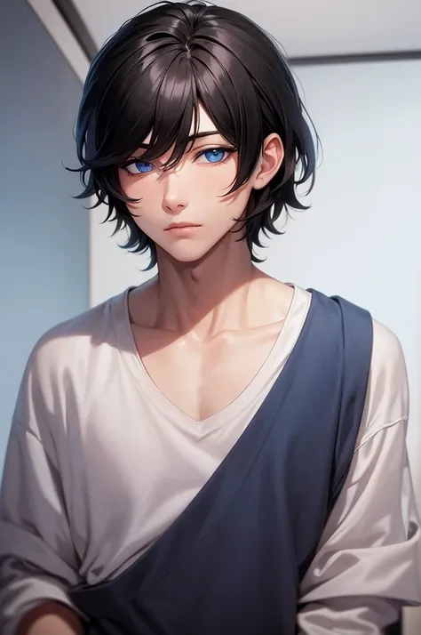 a boy with a  with black hair and blue eyes