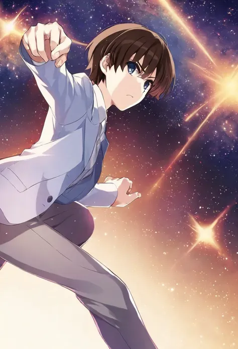 anime-style illustration of a young male character. brown hair with bangs, large expressive eyes. wearing a light blue suit jack...