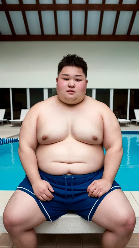 high quality,ultra detailed,best quality,Fat man,18 years old,detailed face,topless,Sweat shorts,sitting on chair,Sweaty,chubby,indoor, rei no pool,no human,