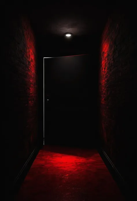 absolute darkness, a black wall. at the end of the wall, an open door, a red light coming out, an intense red light.