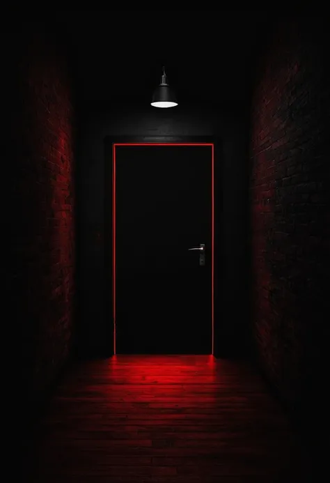 absolute darkness, a black wall. at the end of the wall, an open door, a red light coming out, an intense red light.