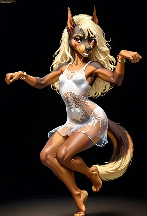 (anthro Dog:1.5), (doberman:1.4), (short tail:0.6), muscular body, small breasts, (white slightly transparent mini dress:1.6), (filigree gold bracelet:0.9), (full body view:2.1), toothy smilie, (arched back+dancing:1.7), light blonde long curly hair, (blac...