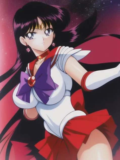 hino_rei, huge_breasts, standing, solo, white_leotard_red_sailor_collar_red_miniskirt_white_gloves_red_high_heels_red_choker_pur...