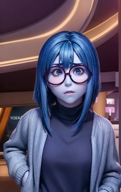 better quality work (fear, high purple, dark blue straight hair,dark clothes, round purple glasses frame,fear e tedio) pixar ani...