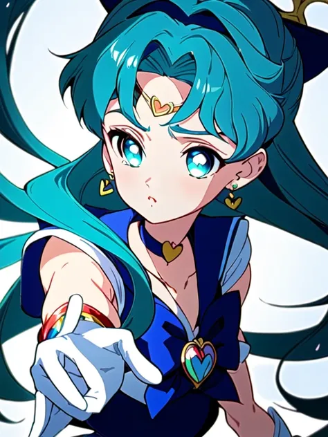 retroanime style, 1girl, solo, long hair, blue eyes, gloves, bow, jewelry, blue hair, upper body, heart, earrings, green hair, c...