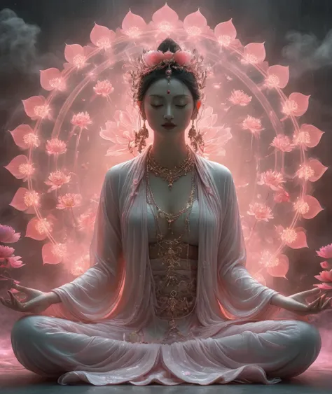 Full body photography of Tantric female Guanyin in lotus pose，Anatomically correct,Raw, Filming, (concentrate:1.5), (Reality:1.4), Dusk lighting, Volumetric Lighting, Ultra-high resolution, 16K,Dramatic Lighting, White background：1.5）（Tangled，Mandala，dispu...