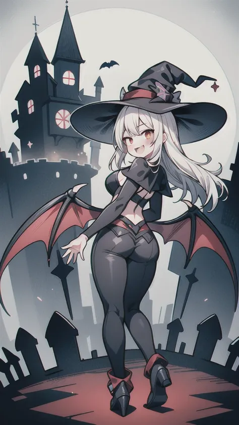 8k,  1girl, solo, vampire witch, white long hair, bright red eyes, showing fangs, bat wings, smile, (blush), (shy), looking at v...