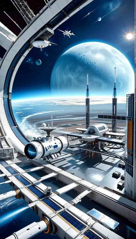 Looking out the blinking window,Extraterrestrial megacity,Space station and energy center in a futuristic lunar habitat,Moon Buggy,The space station、Rendered in a digital illustration style focusing on the futuristic architecture of the settlement。,Houston...