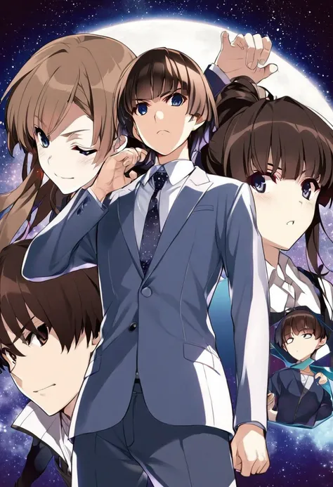 style：anime style illustration character：young men hair：brown hair、with bangs
dress：light blue suit jacket、white shirt、grey trou...