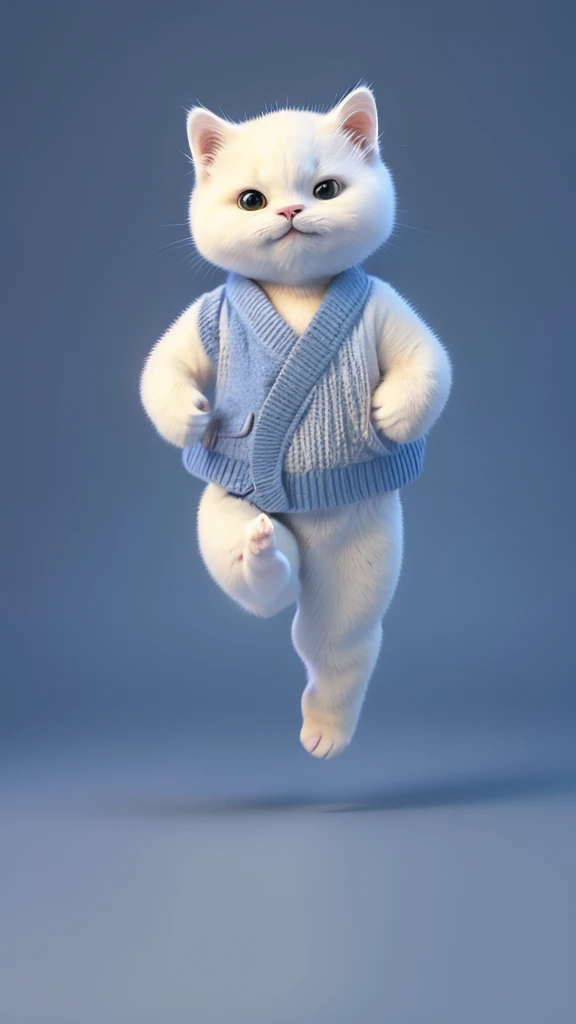 “A unique and dynamic depiction of a white cat wearing a blue judo uniform standing in a human-like posture with feet shoulder-width apart and arms down, high-definition, 8K image, background with a grey gradient.”