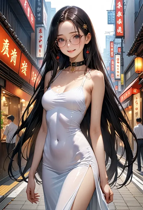 ((masterpiece,Highest quality;1.3,best illustration,realistic)),1woman、独奏,22 year old beauty,((very small head:1.1)),center parted bangs,forehead,black hair,long hair,black eyes,gorgeous eyes,Black-rimmed glasses、shy,smile,medium breasts,((very long body))...