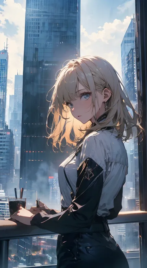  (Official Art、Highest quality、unity 8k wallpaper、32k、​masterpiece、Very detailed、超A High resolution、Realistic、Realistic:1.2)、(Cinema Lighting:1.2), High resolution, (masterpiece: 1.4), Very detailed, One Girl, Platinum Blonde, Medium Hair, Skyscraper facad...