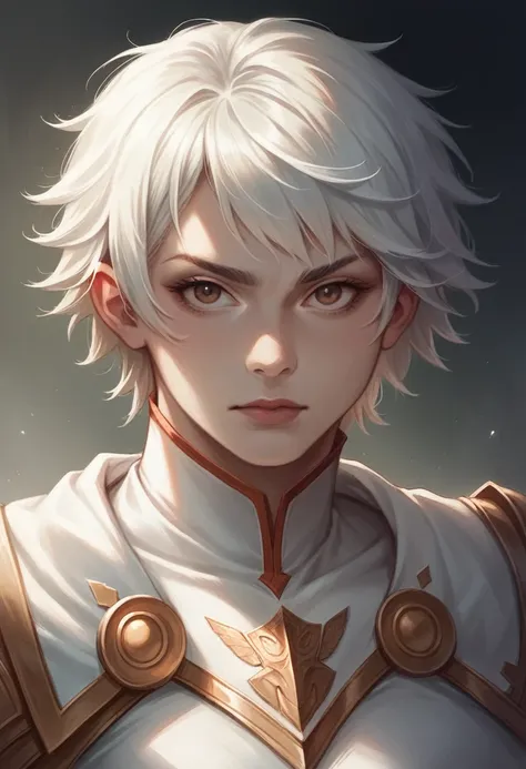 a heroic looking girl with short hair, wearing a white hero costume, detailed facial features, dramatic lighting, photo-realisti...