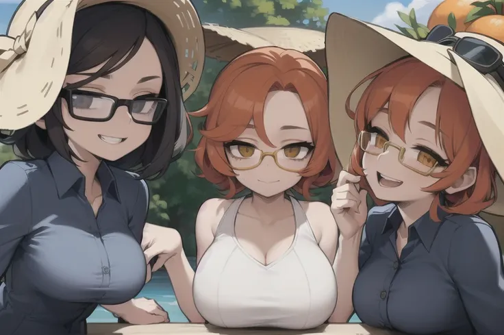 three sexy women who are wives of 4 years old boy, looking at camera, cute smiles, portrait, curly orange hair colors, opened mouths moaning, glasses, sunhats