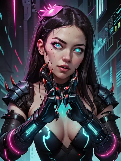 score_9, score_8_up, score_8_up, monster girl, (long hair), small breasts, (glowing cyber claws:1.5), eyes on body, blue bioluminescent eyes, pinup pose, seductive pose, revealing clothes,gauntlets, Expressiveh