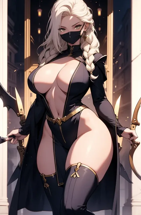 female, solo, young, sexy body, voluptuous figure, tightsuit, white hair, decolored blonde hair, has 2 hand crossbows, rogue assasin, beautifull face, long hair, defined body, yellow and bright eyes, thick legs, strong legs, tall, Voluptuous legs, huge ass...