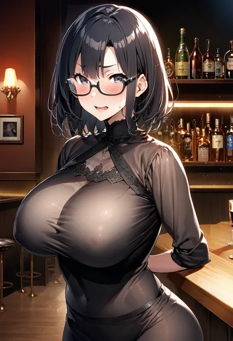 image in light novel cover style, detailed.

A 46-year-old woman wears a very tight blouse over her large breasts. She has double D glasses in the middle of her top, she is in a night bar, she has black hair and is not very attractive ((whole body)) she ha...