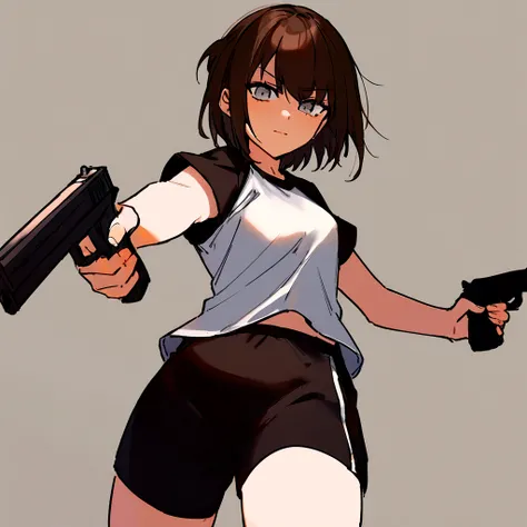 make me a girl, 16yo, sporty shirt and sporty shorts, gun in her hands, shes serious, dark brown short hair, grey eyes