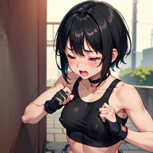 A young and cute Japanese street fighter。My body was slammed against the wall of the alley、Being overwhelmed by your opponent。Short black hair。Sweating a lot。Covered in blood。Crying。Both eyes closed。shortness of breath。Drooling from the mouth。Sports Bra。De...