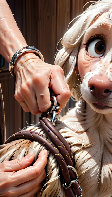 Close-up shot: Hands of an elderly woman (wrinkled, age spots) gently stroking a worn-out leather dog leash. The leash has visible fraying and a few teeth marks near the handle.
