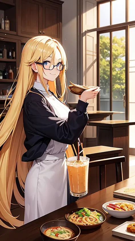 An anime-style woman with long blonde hair and glasses is enjoying a meal at a restaurant. She is holding a small cup of tea and smiling. The table in front of her has a large bowl of ramen with vegetables and meatballs, along with two tall drinks, one wit...