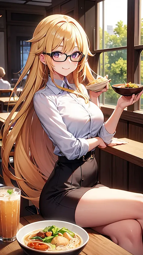 An anime-style woman with long blonde hair and glasses is enjoying a meal at a restaurant. She is holding a small cup of tea and smiling. The table in front of her has a large bowl of ramen with vegetables and meatballs, along with two tall drinks, one wit...