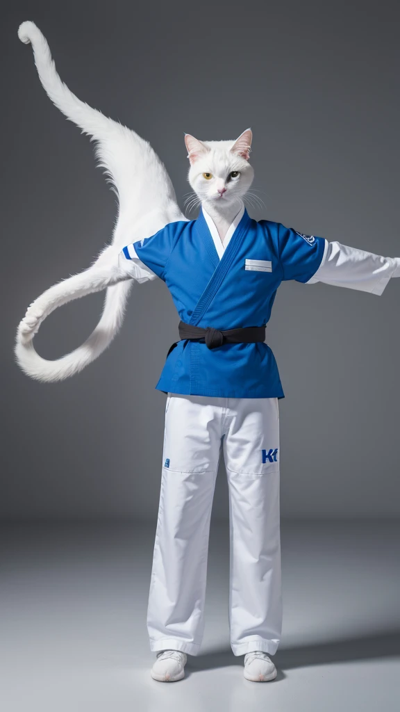 “A unique and dynamic depiction of a white cat wearing a blue judo uniform standing in a human-like posture with feet shoulder-width apart and arms down, high-definition, 8K image, background with a grey gradient.”