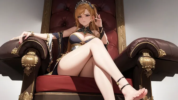 a haughty woman sits on an upholstered armchair, her posture exuding an air of unquestionable superiority. she stretches out one leg, leaving her bare foot exposed for all to see. a look of contempt, like that of a disdainful queen with icy indifference. h...