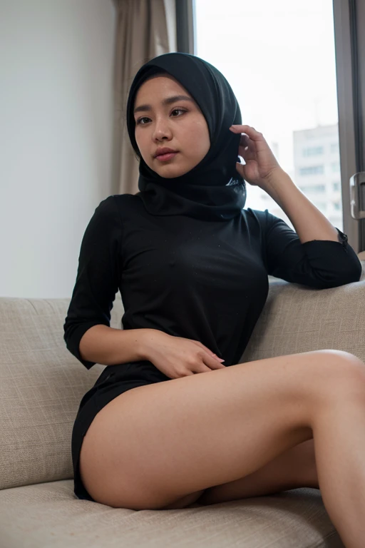 Indonesian girl, 20 years old,  short hair, folded up  georgeus long dress, hijab,  siting down straddle spreading legs, panty exposed, 