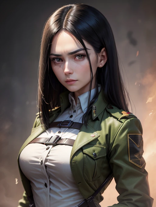 30 year old woman, shoulder length hair black, greeneyes, neutra expression, military uniform white, holding a gun, QG (HD) (8K)