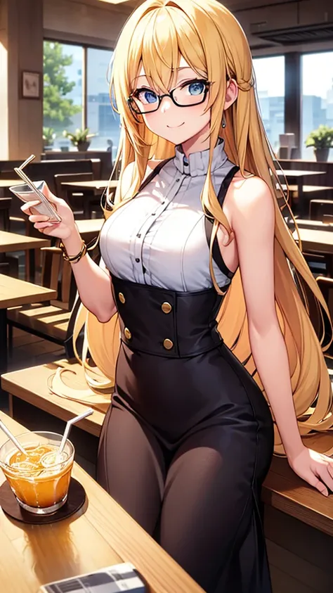 Solo, 1 girl, An anime-style woman with long blonde hair and glasses is enjoying a meal at a restaurant. She is holding a small cup of tea and smiling. The table in front of her has a large bowl of ramen with vegetables and meatballs, along with two tall d...