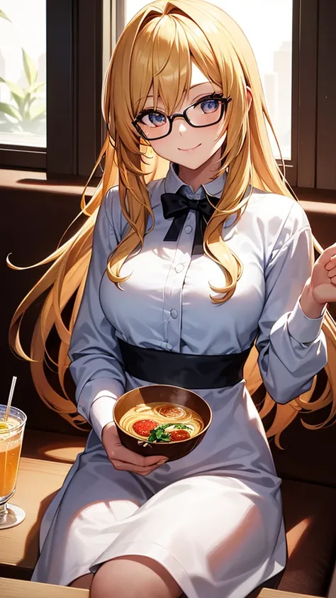 Solo, 1 girl, An anime-style woman with long blonde hair and glasses is enjoying a meal at a restaurant. She is holding a small cup of tea and smiling. The table in front of her has a large bowl of ramen with vegetables and meatballs, along with two tall d...