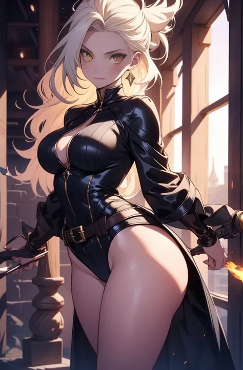 female, solo, young, sexy body, voluptuous figure, tightsuit, white hair, decolored blonde hair, has 2 hand crossbows, rogue assasin, beautifull face, long hair, defined body, yellow and bright eyes, thick legs, strong legs, tall, Voluptuous legs, huge ass...