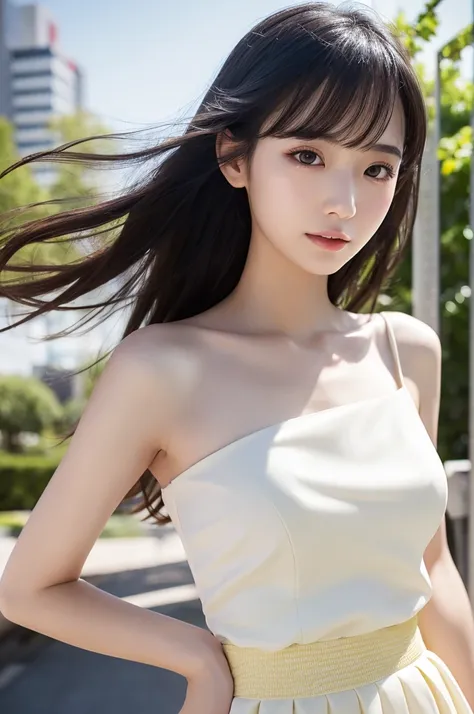 (Sweat:0.7),pale yellow wedding dress,White short skirt,woman,Japanese,Beautiful Face, Beautiful Face,Bare shoulders,The shoulders are slightly exposed,Clear skin,Iris,Black Hair,(Realistic:1.4),Realistic details, High resolution,Bokeh,Excellent details