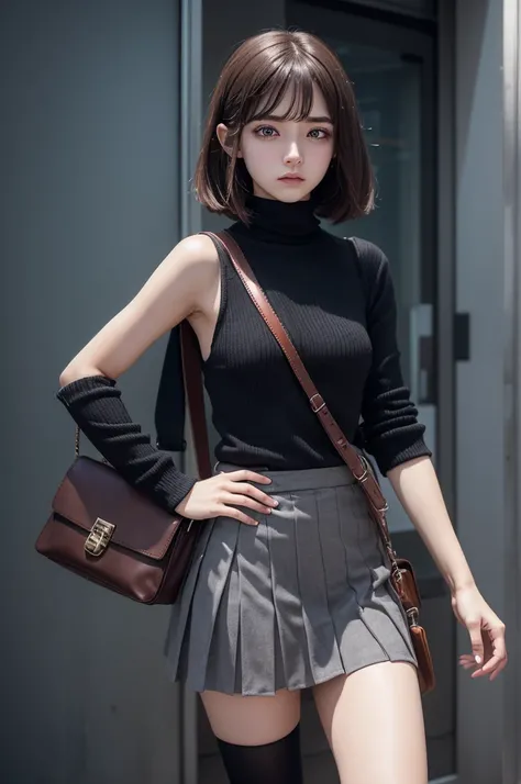 Create a female character with anxiety, a little shy with a skirt, high definition with noise and details, a single-sided strap bag, anxiety signs like dark circles under the eyes