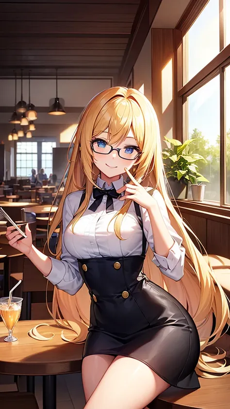 Solo, 1 girl, An anime-style woman with long blonde hair and glasses is enjoying a meal at a restaurant. She is holding a small cup of tea and smiling. The table in front of her has a large bowl of ramen with vegetables and meatballs, along with two tall d...