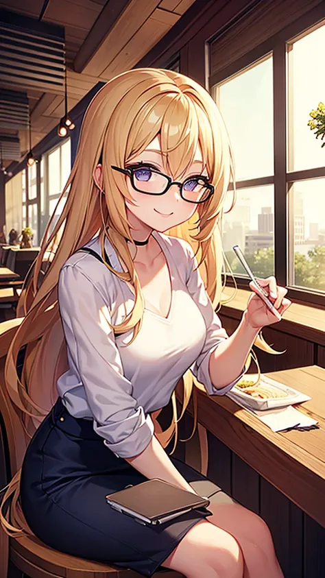 Solo, 1 girl, An anime-style woman with long blonde hair and glasses is enjoying a meal at a restaurant. She is holding a small cup of tea and smiling. The table in front of her has a large bowl of ramen with vegetables and meatballs, along with two tall d...