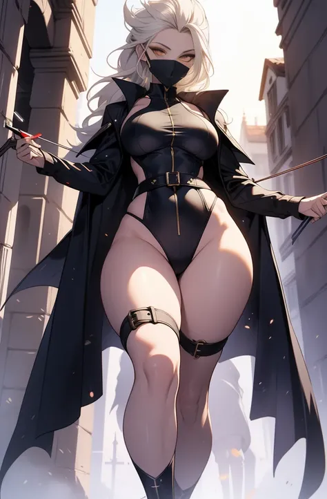 female, solo, young, sexy body, voluptuous figure, tightsuit, white hair, decolored blonde hair, has 2 hand crossbows, rogue assasin, beautifull face, long hair, defined body, yellow and bright eyes, thick legs, strong legs, tall, Voluptuous legs, huge ass...