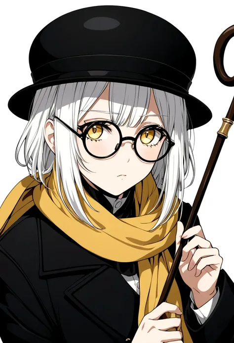 Cold expression anime girl with white hair wearing a black overcoat,yellow scarf tied in a reverse drape,bowler hat and wearing a round glasses while holding a cane