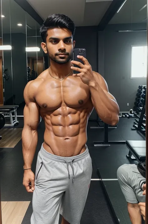 A non muscular Indian gym boy with good chest pump unvisible abs taking a mirror selfie with phone in his hand in the gym